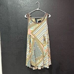 Uncle Frank Brown Yellow Teal Pattern Rayon Sleeveless Shift Dress, Mini, Small